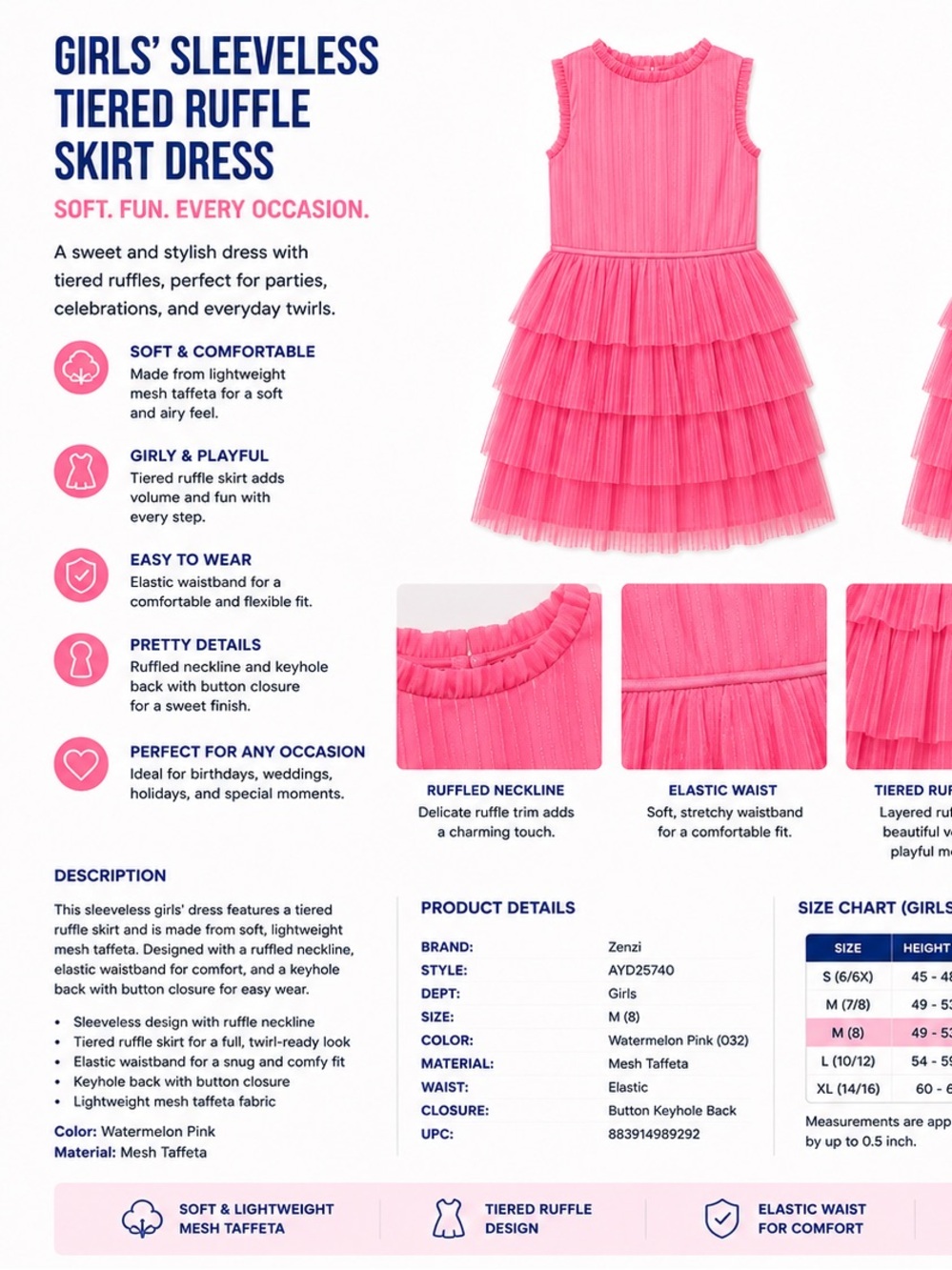 Zhenzi Girls' Sleeveless Tiered Ruffle Dress in Watermelon Pink